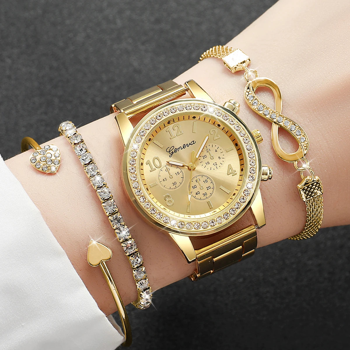 4 pçs moda feminina relógio de luxo strass banda aço senhoras relógio quartzo pulseira conjunto relogio feminino (sem caixa) Qme