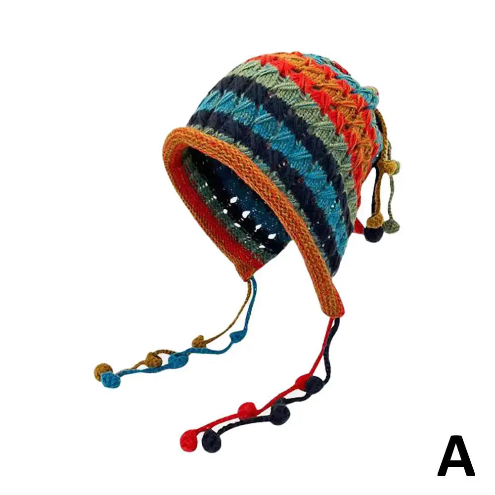 NEW Colorful Rainbow Striped Knit Wool Beanie Hat For Women Winter Warm Crochet Ear Protection Cap Female Snow Windproof Bonnet Qme A