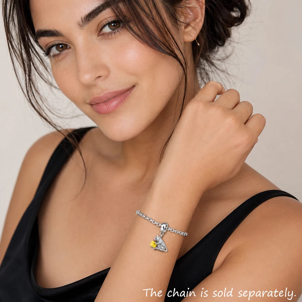 Mouse & Cheese Charms Pendant Fit Europe Bracelet, European Style 925 Sterling Silver Cute Fashion Jewelry Club for Women & Men Qme
