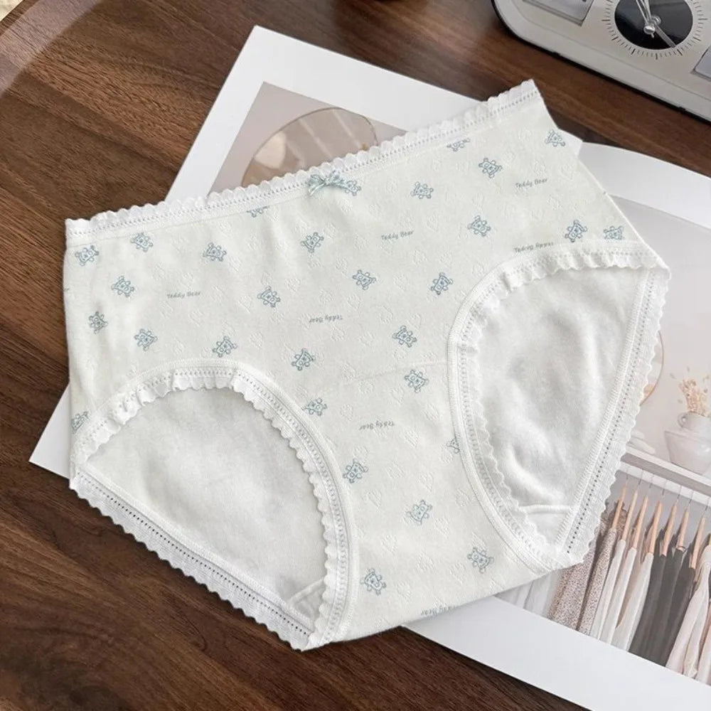 Cute Mid-waist Underwear Women Bear Grid Sweet Floral Panties Qme White 1XL 1pc