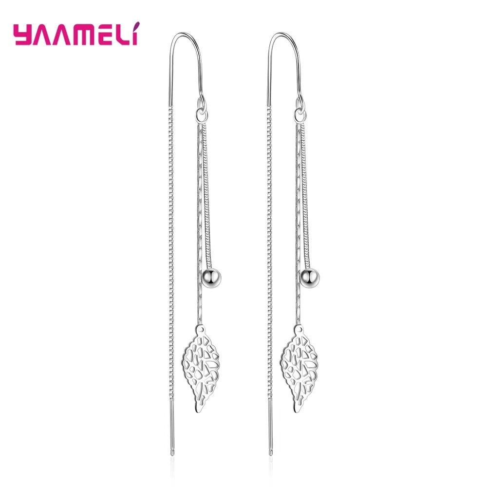 Fashion Jewelry 925 Sterling Silver Color Earrings Simple Leaf Tassel Long Box Chain Thread Pendientes Ear Decoration Ornaments Qme