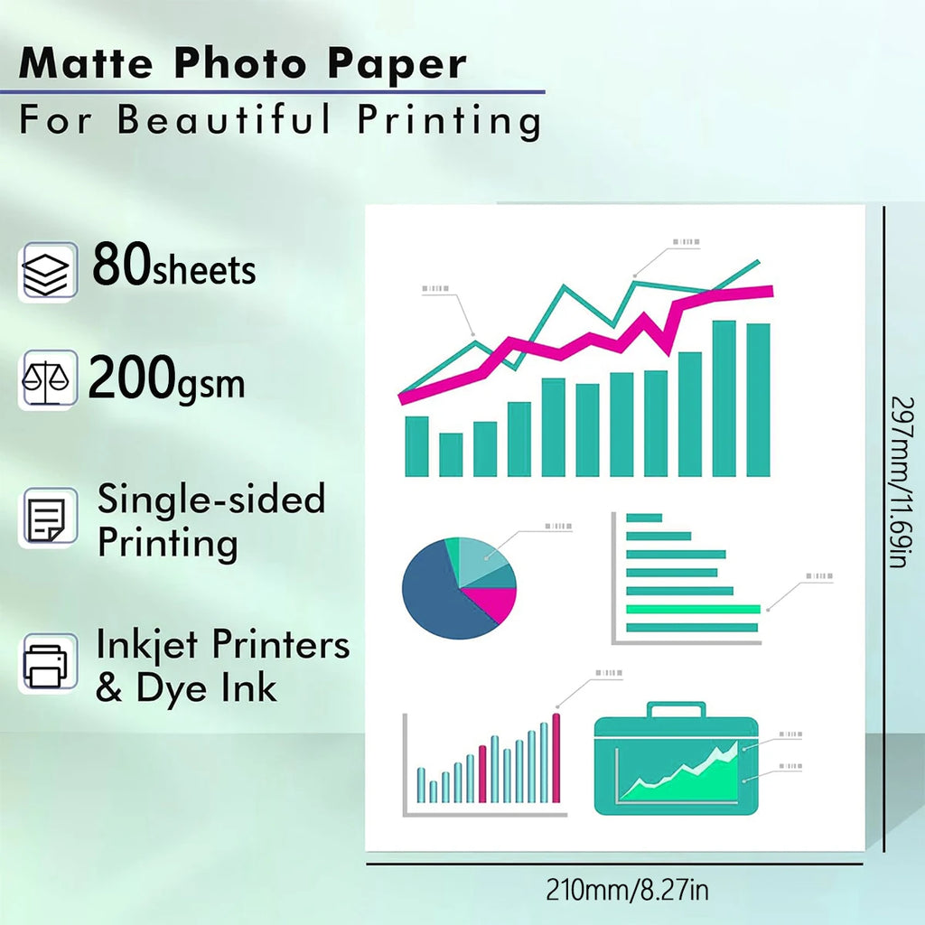 A4Matte Photo Paper, 8.27x11.69in Inkjet Photo Printer Paper, Picture Paper for Photos, Calendars, Brochures, Cards, Menus200gsm Qme