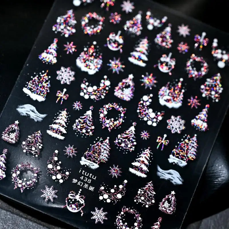 Christmas Embossed Nails Art Stickers Dreamy Castle Tree Snowflake Qme Pink