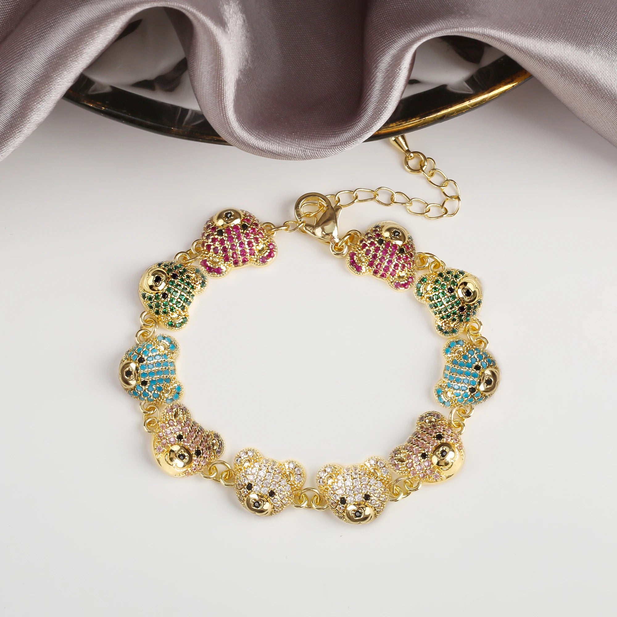 Classic Cubic Zirconia Cute Bear Gold Plated Adjustable Bracelet charm for Women Girls Party Wedding Jewelry Gift Wholesale Qme H