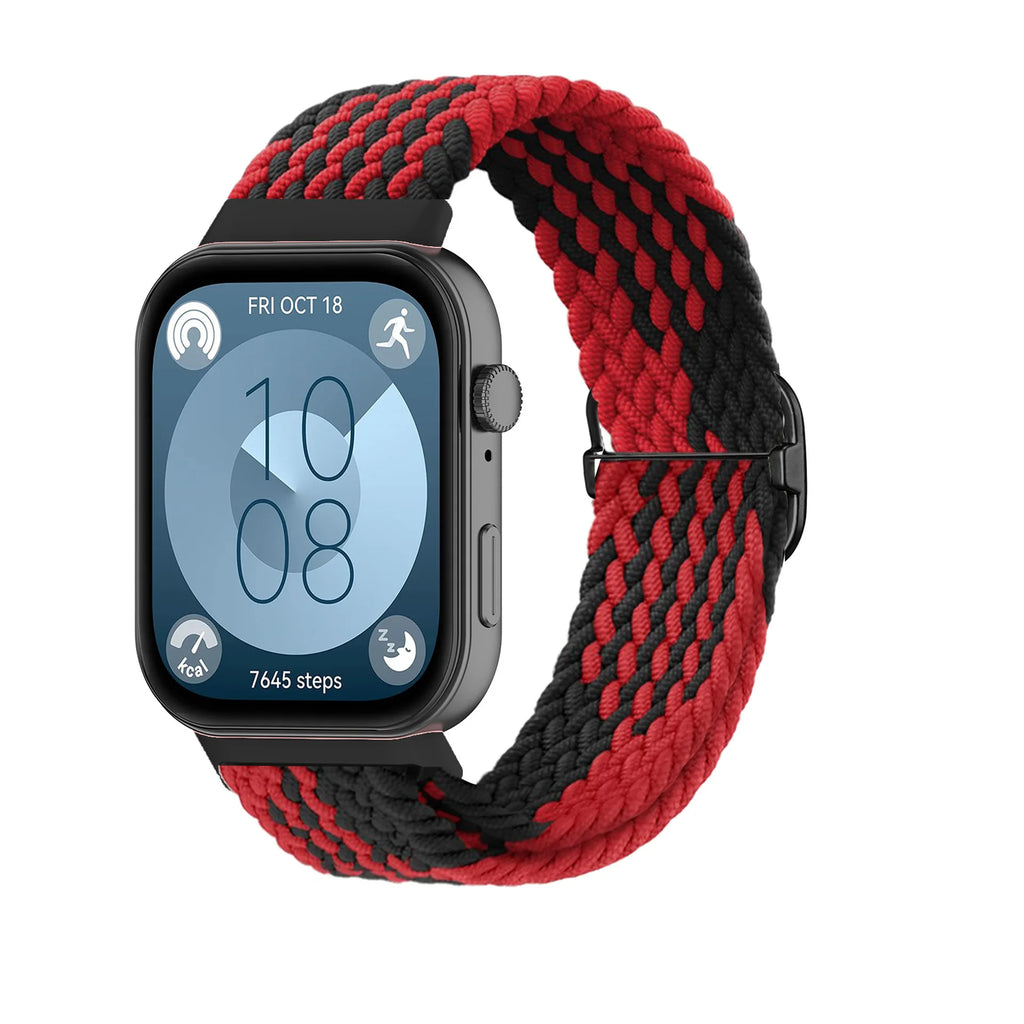 A Adjustable Comfort Nylon Woven Watch Strap with Stylish Metal Buckle Breathable Replacement Band for Huawei Smartwatch Qme red black buckle