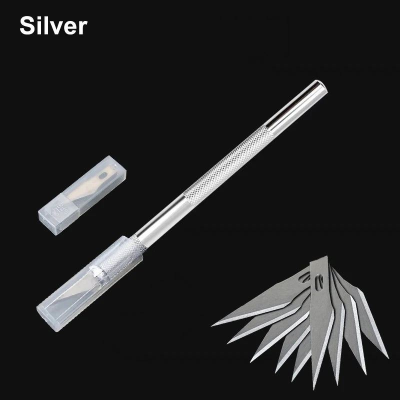 Dough Carving Knife Non-Slip Handle With 10Pcs Blade Scalpel Engraving Cutter Sculpture Carving Knife Pastry Baking Cake Tools Qme Silver With 10 Blade