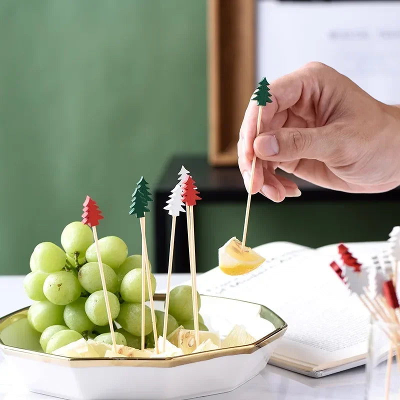 50 Christmas Bamboo Skewer Cocktail Picks Cupcake Topper Disposable Qme