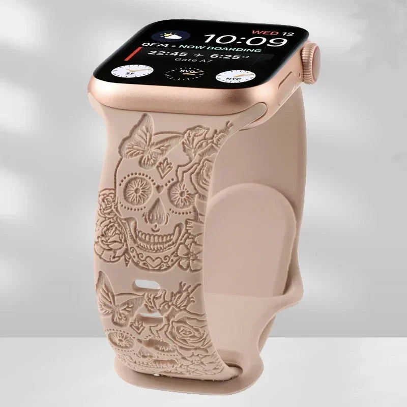 Skull Engraved Strap For Apple Watch Band Ultra 2 49mm 45 44 40 41 42 38mm Silicone Sport Bracelet For iWatch Series 8 9 7 65 SE Qme Milk tea 42mm 44mm 45mm 49mm