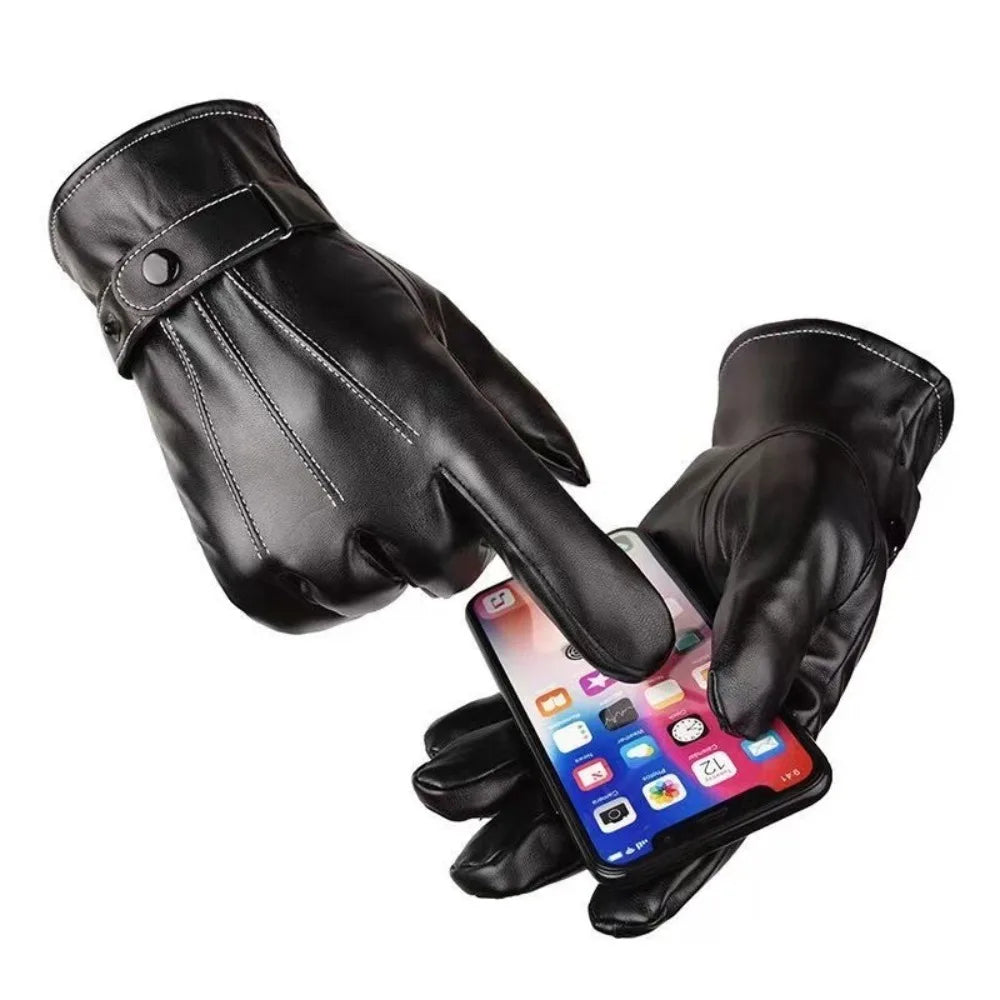 Men Winter PU Leather Gloves Touchscreen Warm Waterproof Gloves For Driving Cycling Qme