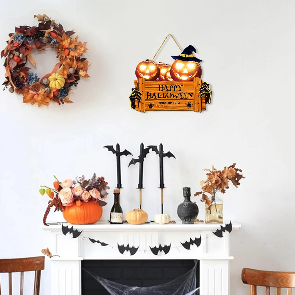 Halloween Wooden Wall Hanging Sign - "Happy Halloween Trick or Treat" Jack Pumpkin Skeleton Hand Decoration, Halloween decorate Qme