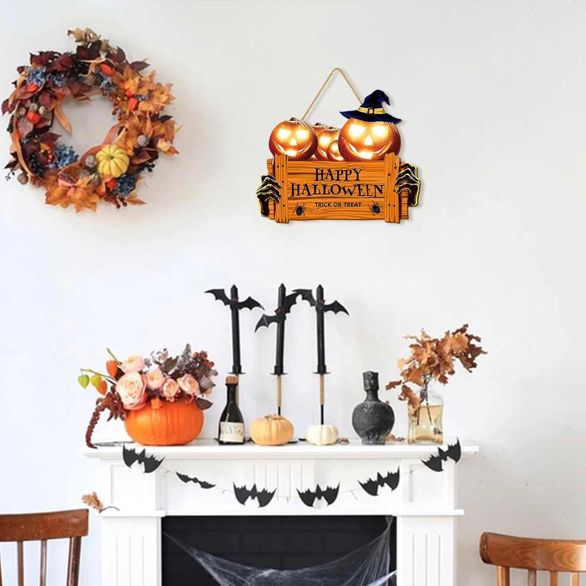 Halloween Wooden Wall Hanging Sign - "Happy Halloween Trick or Treat" Jack Pumpkin Skeleton Hand Decoration, Halloween decorate Qme