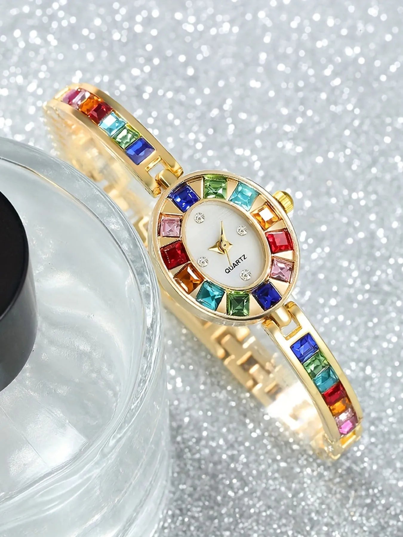 2pcsFashion gradient rainbow luxury women's oval bracelet watch + colorful peacock with sparkling crystals and phoenix bracelet Qme