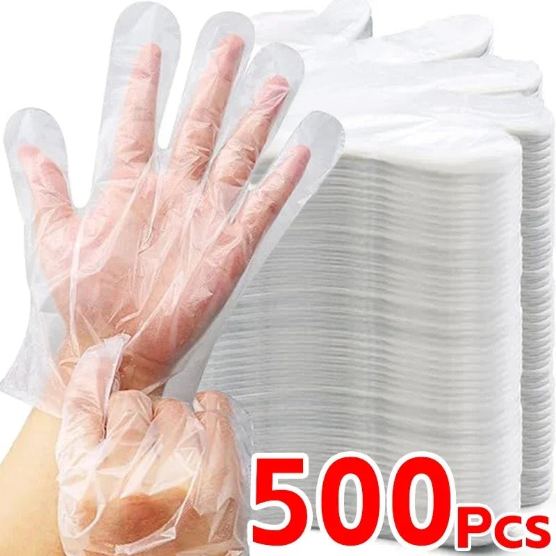 Transparent Disposable Gloves Plastic Waterproof Gloves for Kitchen Restaurant Fried Chicken BBQ Disposable Tableware Wholesale Qme Transparent 500PCS