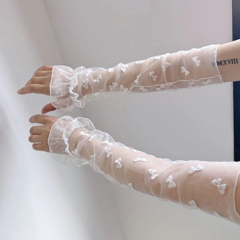 Breathable Lolita Arm Sleeves Polka Dot Pattern Transparent Mesh Sunscreen Sleeves Cloth Bow Bridal Gloves Sun Blocking Qme