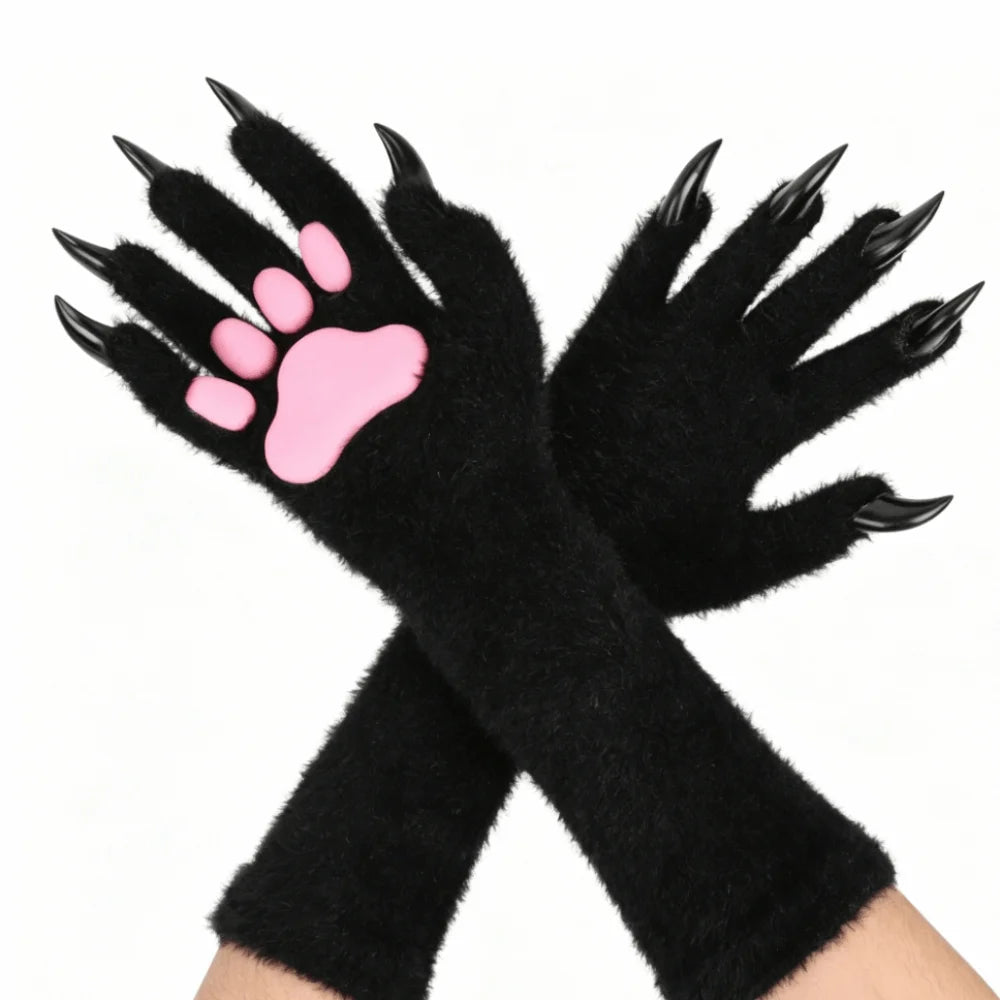 Long Cat Claw Gloves Furry Cute Animal Hand Silicone Paw Pads Cosplay Qme Black