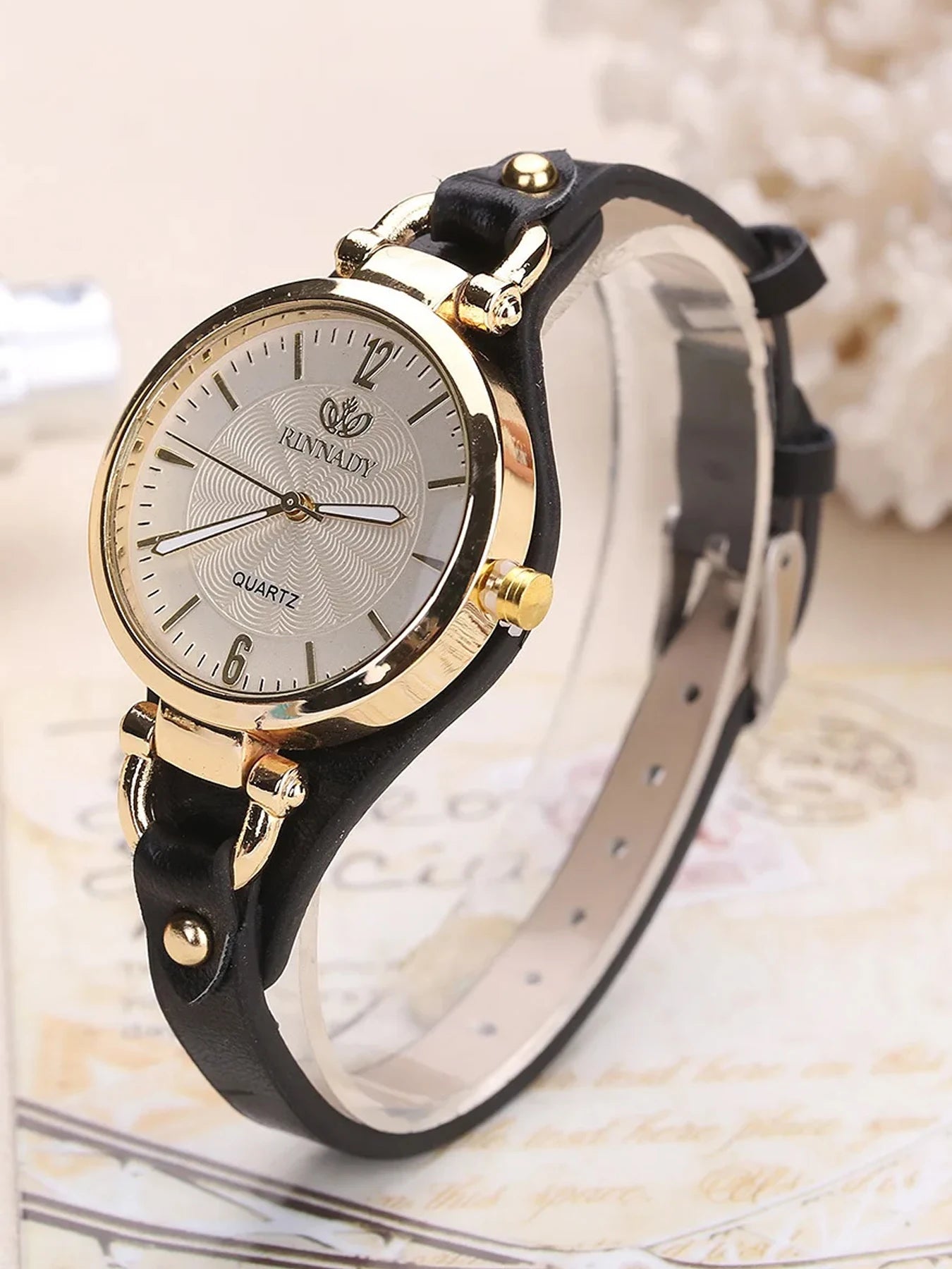 Minimal Retro Gold Frame Slim Leather Strap Women Dress Watch Qme black