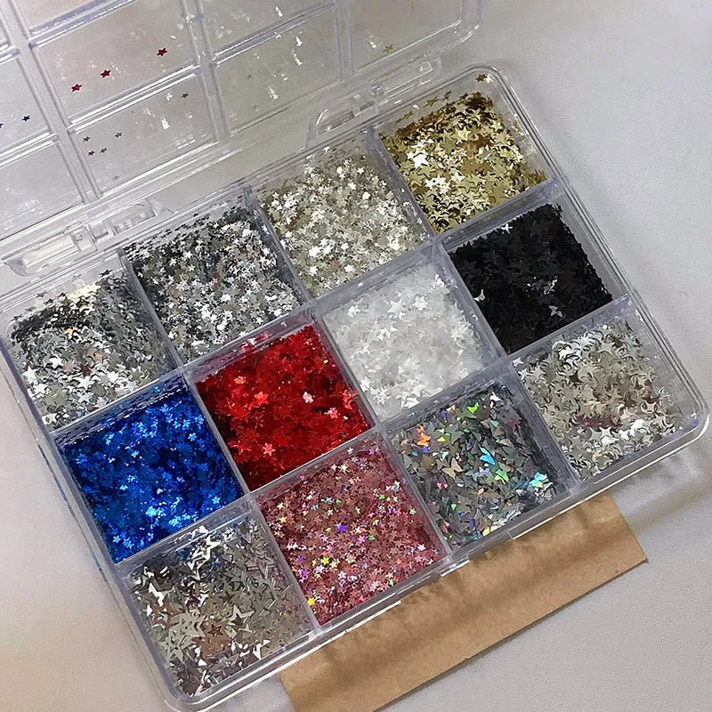 12-grid Star Butterfly Starburst Mixed Nail Art Glitter DIY Qme