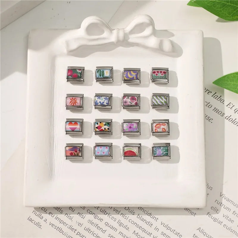 Fashion Lake Sunset Scenery Tulips Flowers Heart Italian Charm Links Fit 9mm Stainless Steel Bracelet Women Jewelry DIY Making Qme