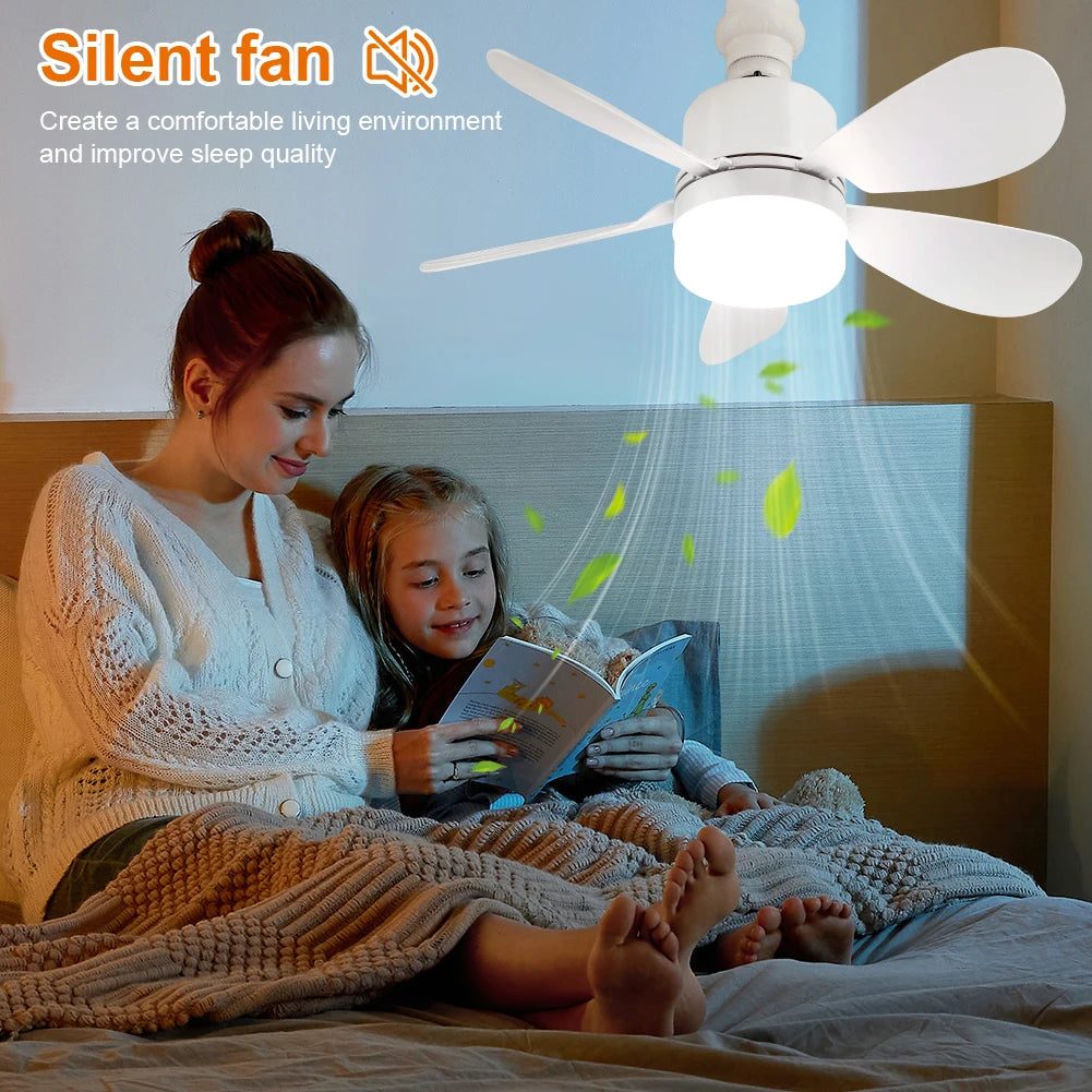 Silent Ceiling Fan with LED Lantern Remote Control Universal Dimming Fan E26/E27 Base Detachable Five Leaf Fan for Home Outdoor Qme
