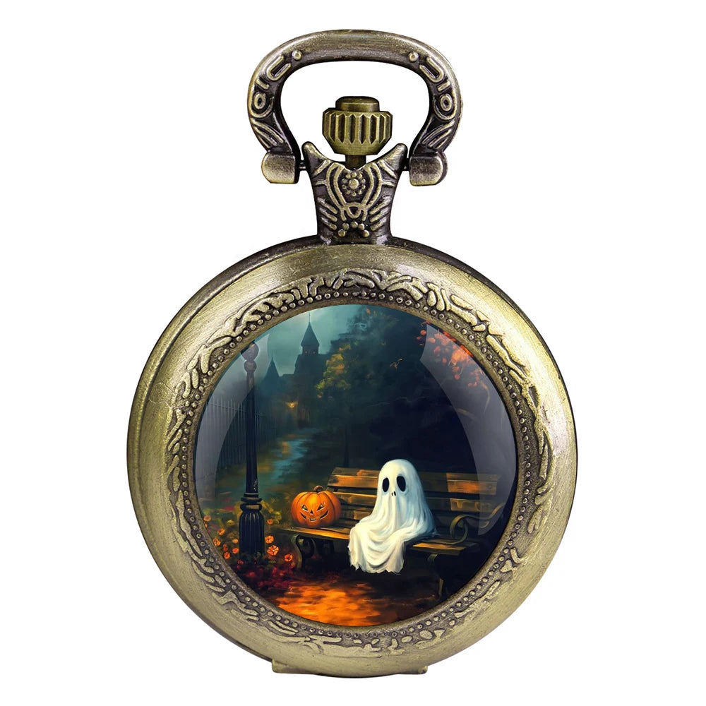 Halloween Cosplay Ghost Glass Dome Quartz Pocket Watch With Durable Chain Arabic Numeral Dial Creative Gifts for Men Women Qme Bronze