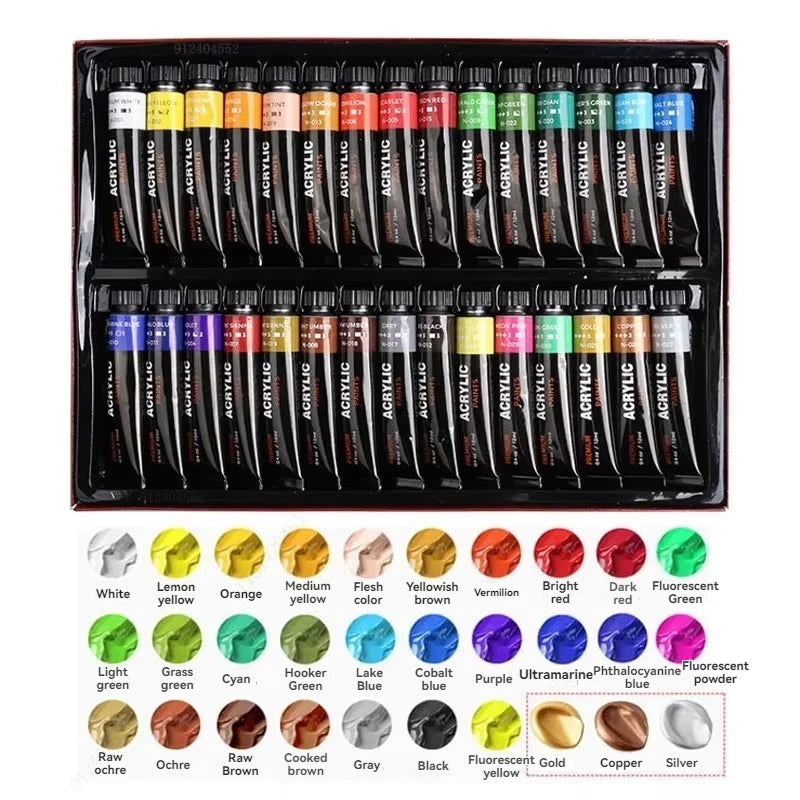 Acrylic Paint Set 12/24/30 Colours 12ml, Perfect for Canvas, Wood, Fabric, Leather, Cardboard, Paper, MDF And Crafts Qme 30 colors