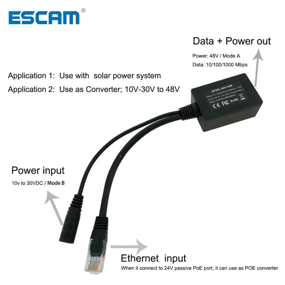 ESCAM Power Over Ethernet Output 48Volts PoE Converter for any 802.3af or 48V devices Qme