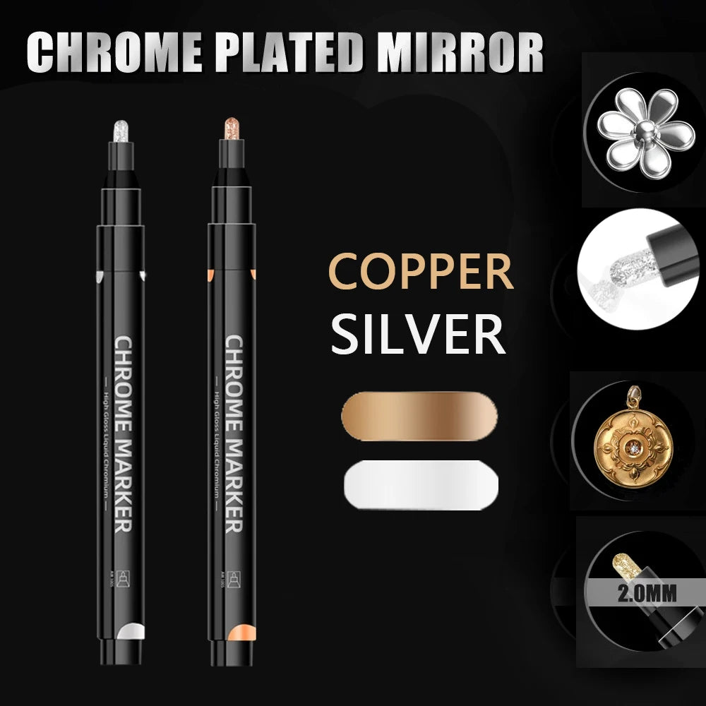 1/2 Pcs Mirror Chrome Metallic Markers, Waterproof Paint Repair,For Rock Ceramic Glass Metallic 2mm Nib, Painting DIY Craft Qme 1Silver-1Copper