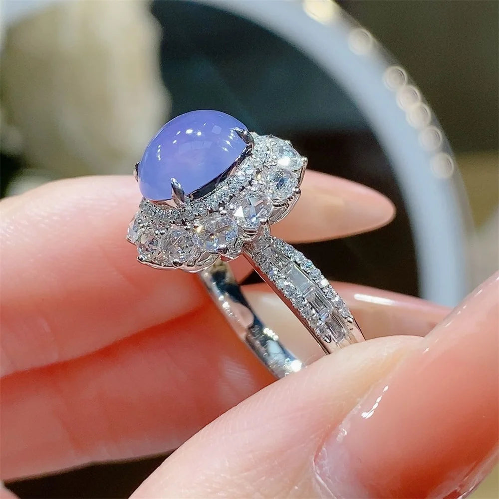 Imitation Natural Jade Marrow Purple Luo Ice Seed Zircon Ring Plated with S925 Silver Luxury Banquet Sparkling Jewelry Ring Qme
