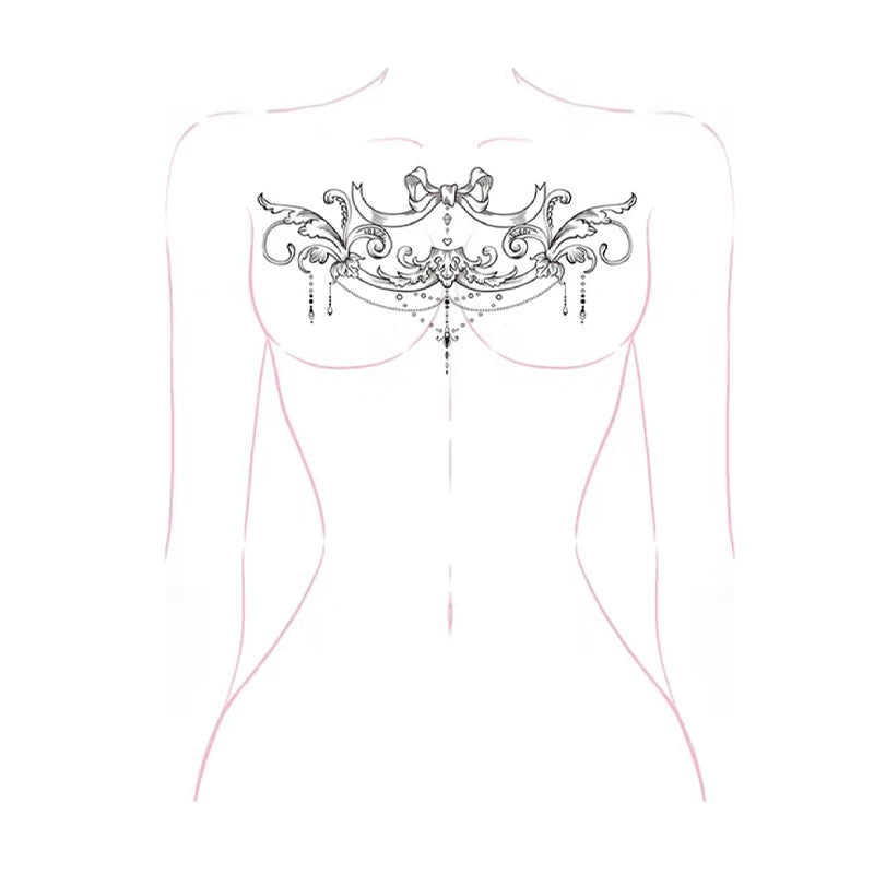 Black element sexy bow chest tattoo sticker, wave pattern, back and abdomen realistic temporary waterproof sticker. Qme