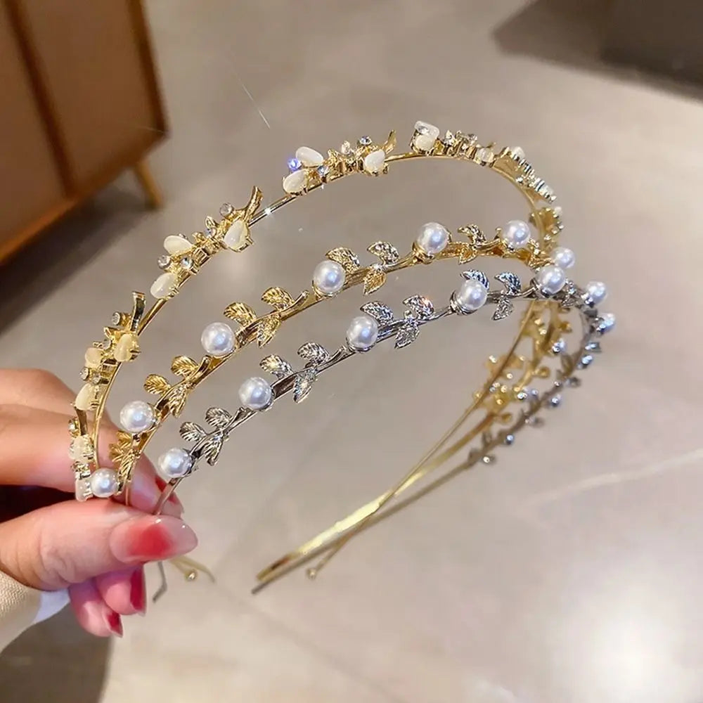 Wedding Bride Headwear Pearl Wash Face Hair Band Leaf Headband Qme