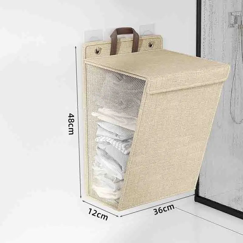 1pc Foldable Adhesive Laundry Basket Portable Laundry Basket Multifunctional Punch Free Wall Hanging Washing Clothes Mesh Hook Qme Beige