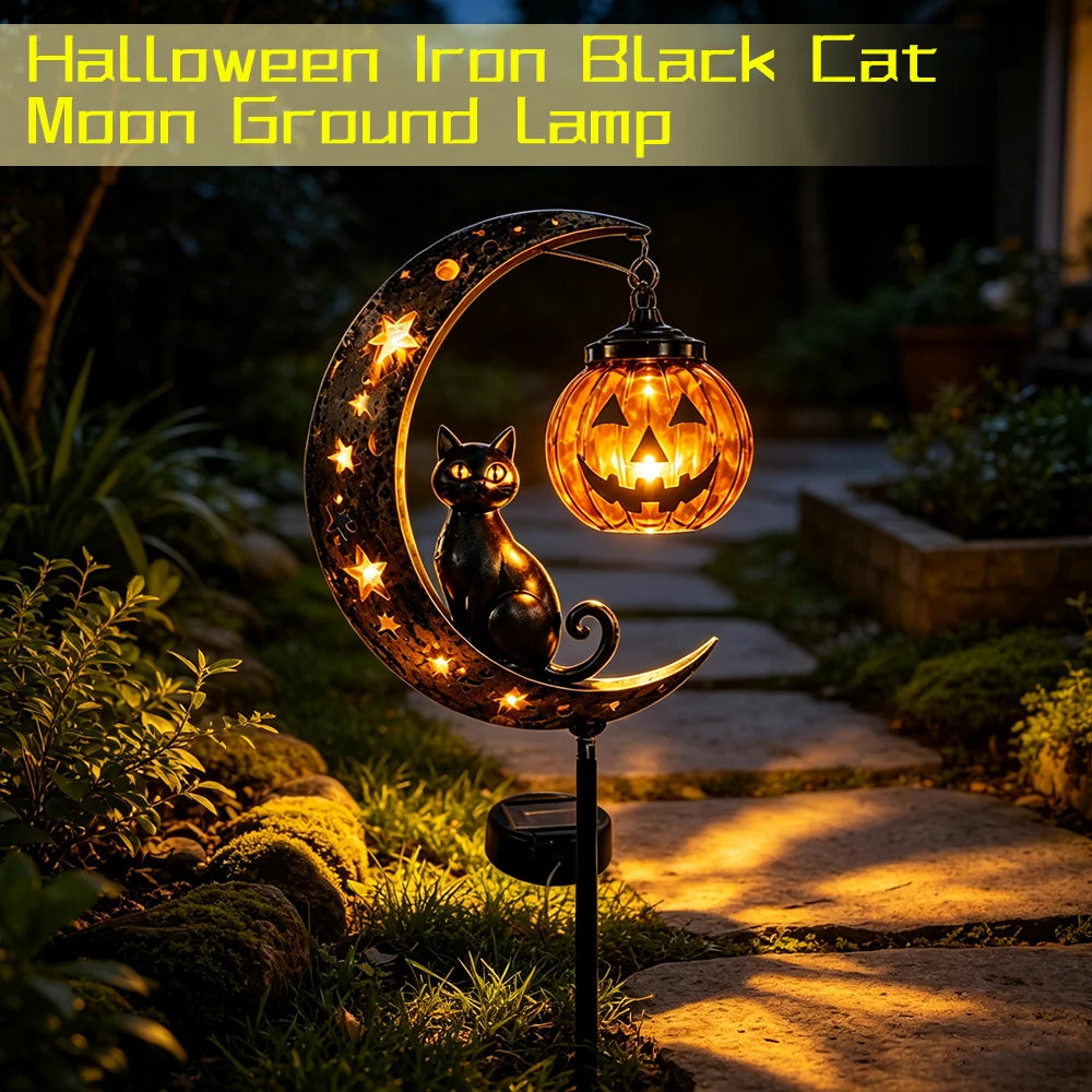 Iron Black Cat Moon Ground Lamp Waterproof Solar-Powered Garden Light with Auto On/Off Solar Garden Lights for Yard/Patio Decor Qme