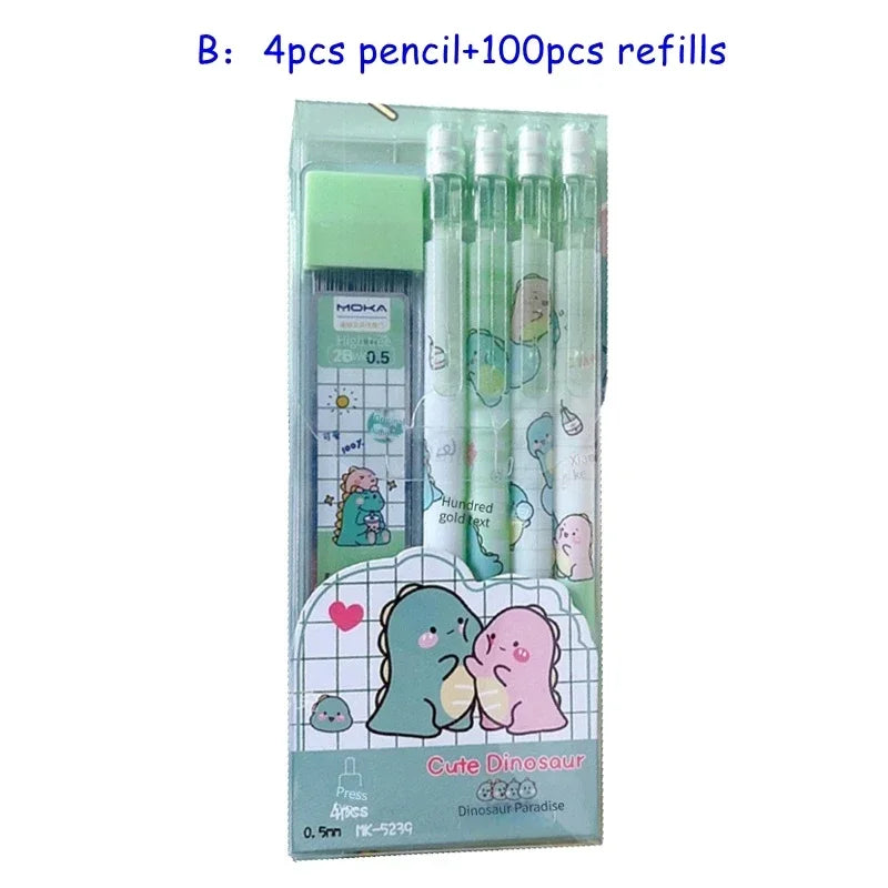 Kawaii Mechanical Pencil set 0.5/0.7mm 2B Refill Cute Cartoon Automatic Pencils School Office Supplies Child Gift Statione Qme 4pencil-100refills D