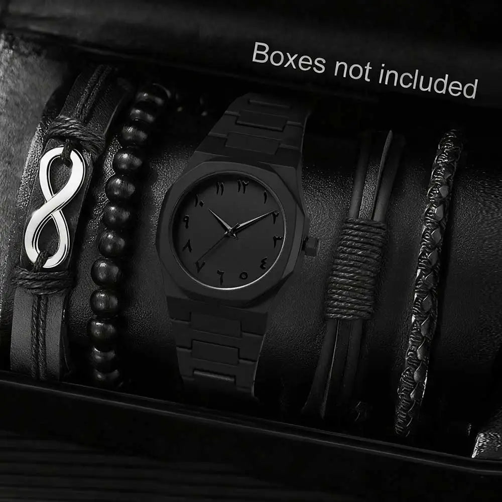 Matte black octagonal Arabic numerals men's watch infinite symbol leather wood bead woven bracelet four pieces Qme black
