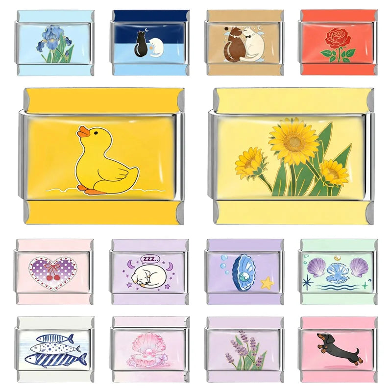 New Y2k Cute Yellow Duck Sunflower Cat Italian Charm Link Fit 9mm Stainless Steel Bracelet DIY Making Jewelry Bead For Women Men Qme