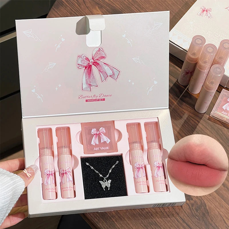 6Pcs/Box Matte Lipstick Set Lips Makeup Velvet Nude Lip Gloss Moisturizing Lip Glaze Face Blush Palette Makeup Set Necklace Gift Qme