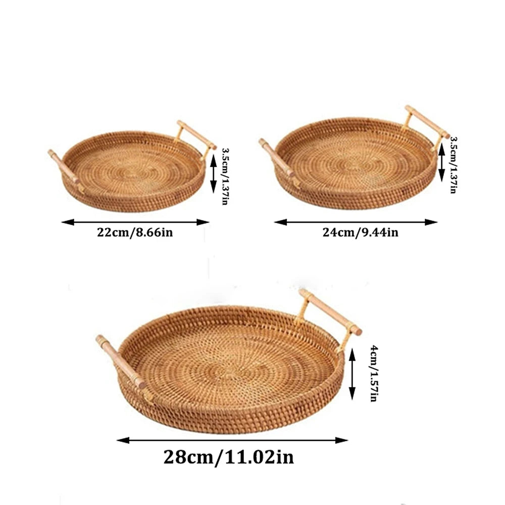 Rattan Strap Handle Storage Basket Bread Snack Fruit Round Round Tray Picnic Woven Storage Basket Qme