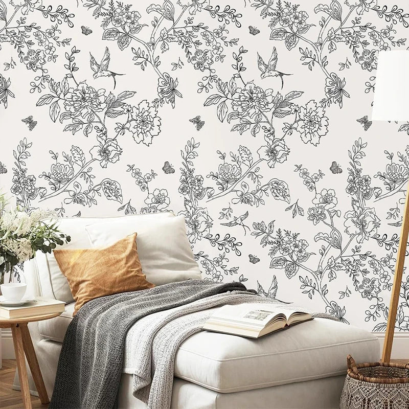 Black White DIY Floral Wallpaper Peel Stick Contact Paper Flowers Qme