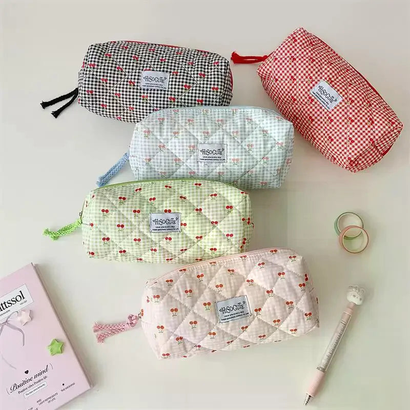 Cute Cherry Plaid Large Capacity Pencil Case Student Stationery Bag Qme