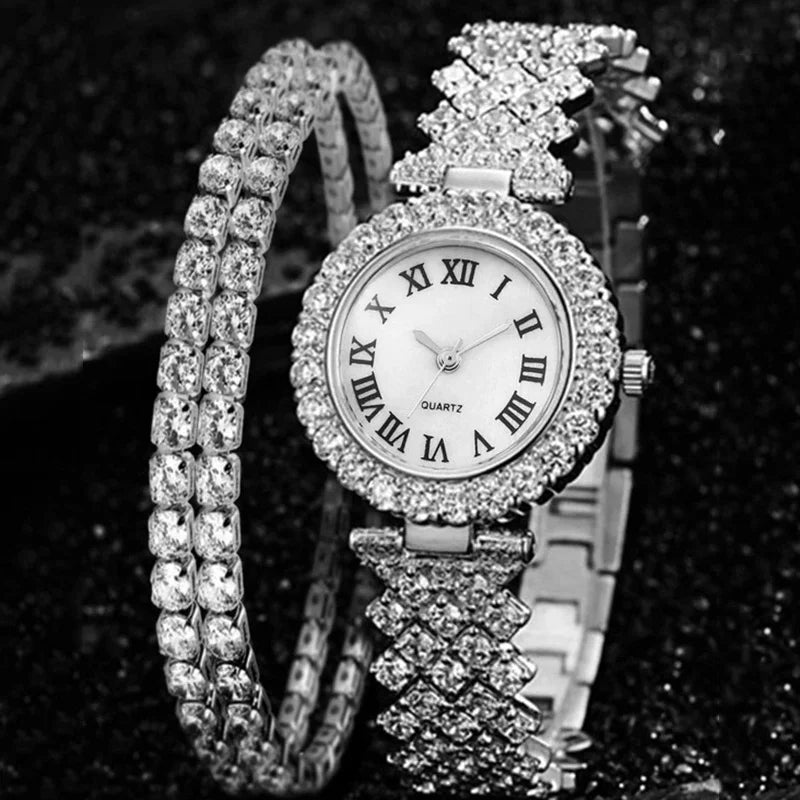 3pcs/set Watches Jewelry Set Round Pointer Quartz Watch & 2pcs Bracelet Fancy Women Watches Jewelry Qme Silvery