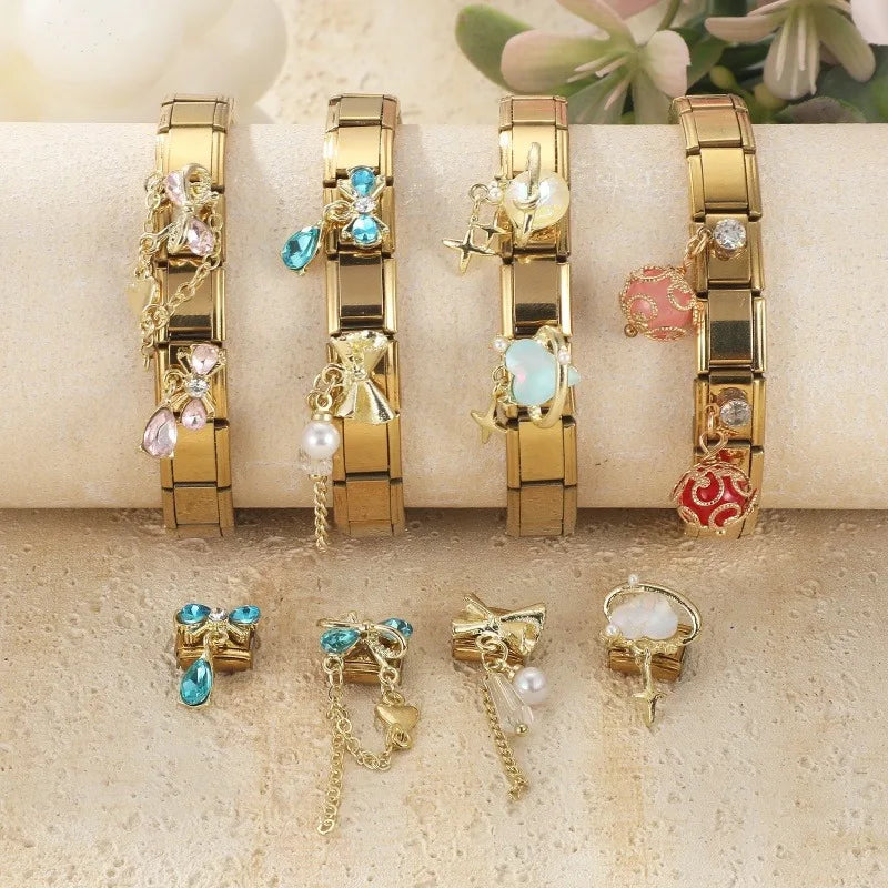 Brilliant Inlay Enamel Ball Pendant Heart Star Bow Italian Charm Links Fit 9mm Stainless Steel Bracelet Women Jewelry DIY Making Qme