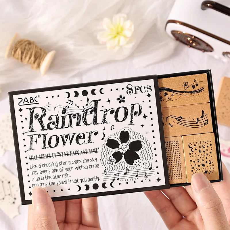 8 pcs Vintage Wooden Rubber Stamp Meteor Shower Theme Printed DIY Decor Scrapbooking Albums Wood Seal Daily Planner Stationery Qme