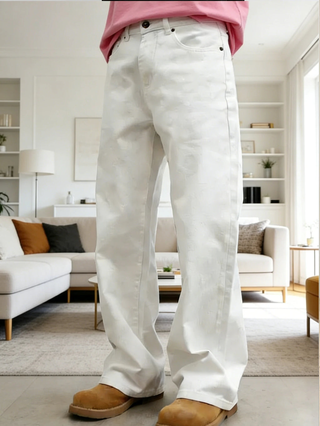 High-End Feeling Pure White Men's Jeans, Loose Wide-Leg Style That Flatters the Legs Qme