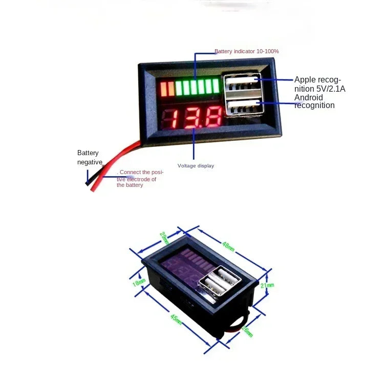 USB 5V 2.4A Car Voltmeter Voltage Meter Panel 12V-24V 3S-7S Lithium Battery Capacity Indicator Power Tester Li-ion Lead acid Qme