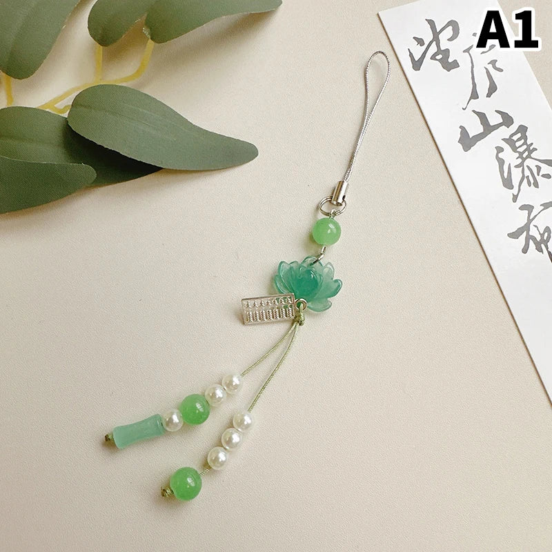 Lotus Flower Pendant Keychain Phone Chain Beads Decoration Chinese Qme A1