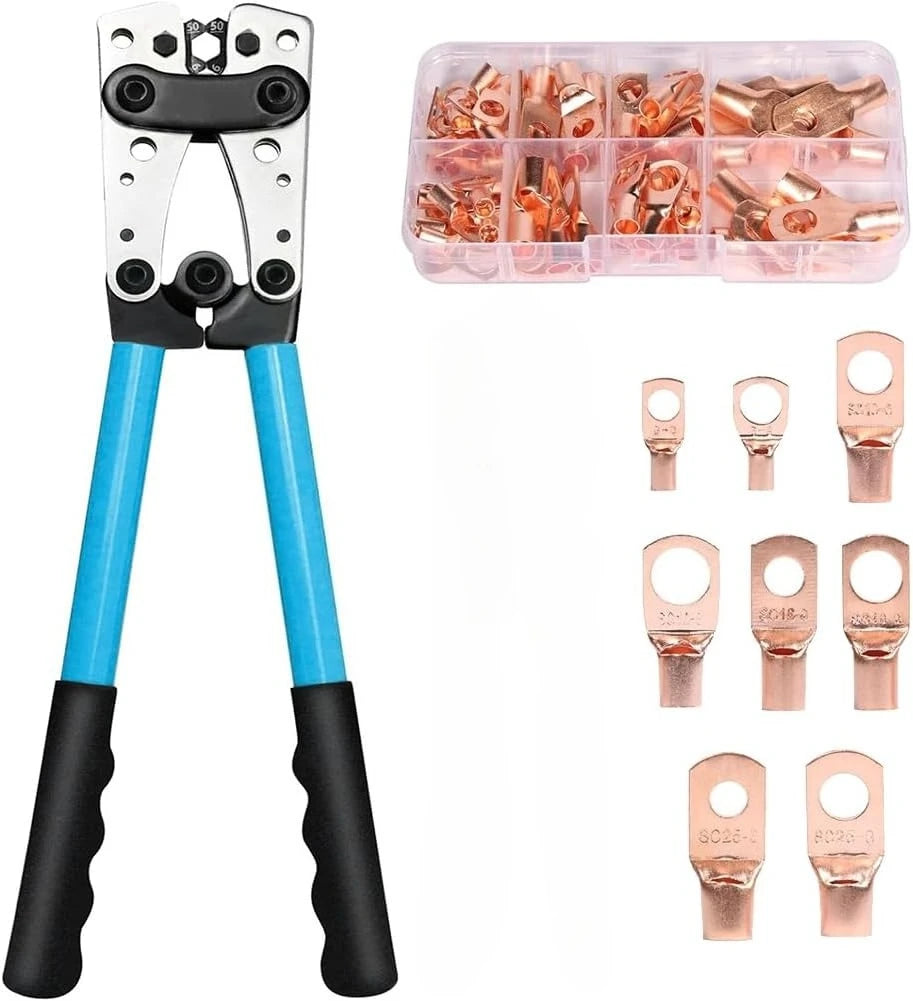 Cable Wire Lug Crimping Tool Kit 10-1 AWG, 8 Sizes 60Pcs Copper Ring Terminals,Terminal Crimper Set for Heavy Duty Wire Lugs Qme Light Blue