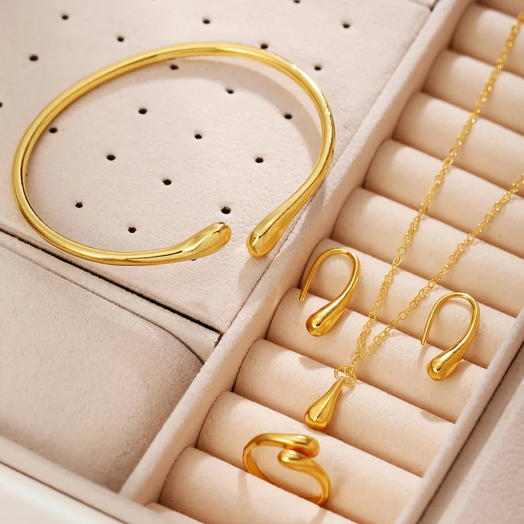 Classic Minimalist White Dial Gold Metal Watch Matching Smooth Teardrop Shape Jewelry Set For Women Wedding Party Gift Without Qme