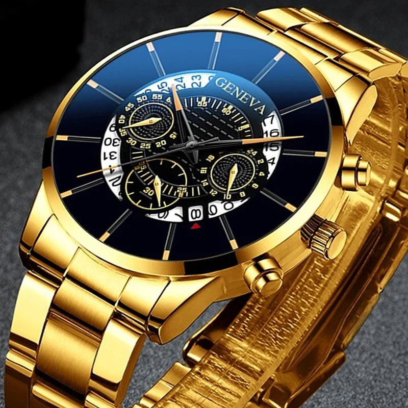 Men's Luxury Stainless Steel Watch, Sport Wristwatch, Exquisite Business Watch, Calendar, Men's Fashion Qme gold black