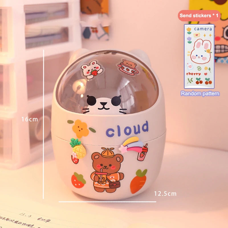 Lid Trash Can Small Pen Holder Give Sticker Mini Kawaii Bedroom Desk Qme 16CM gray