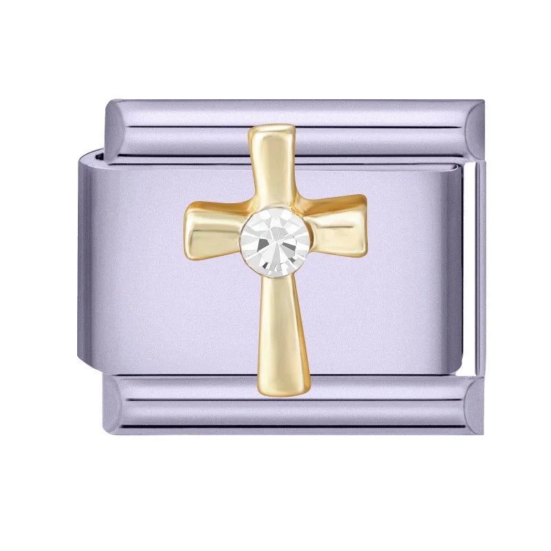 Sweet Shiny Gold Color Zircon Bow Moon Cherry Star Italian Charm Links Fit 9mm Stainless Steel Bracelet Women Jewelry DIY Making Qme Style 1